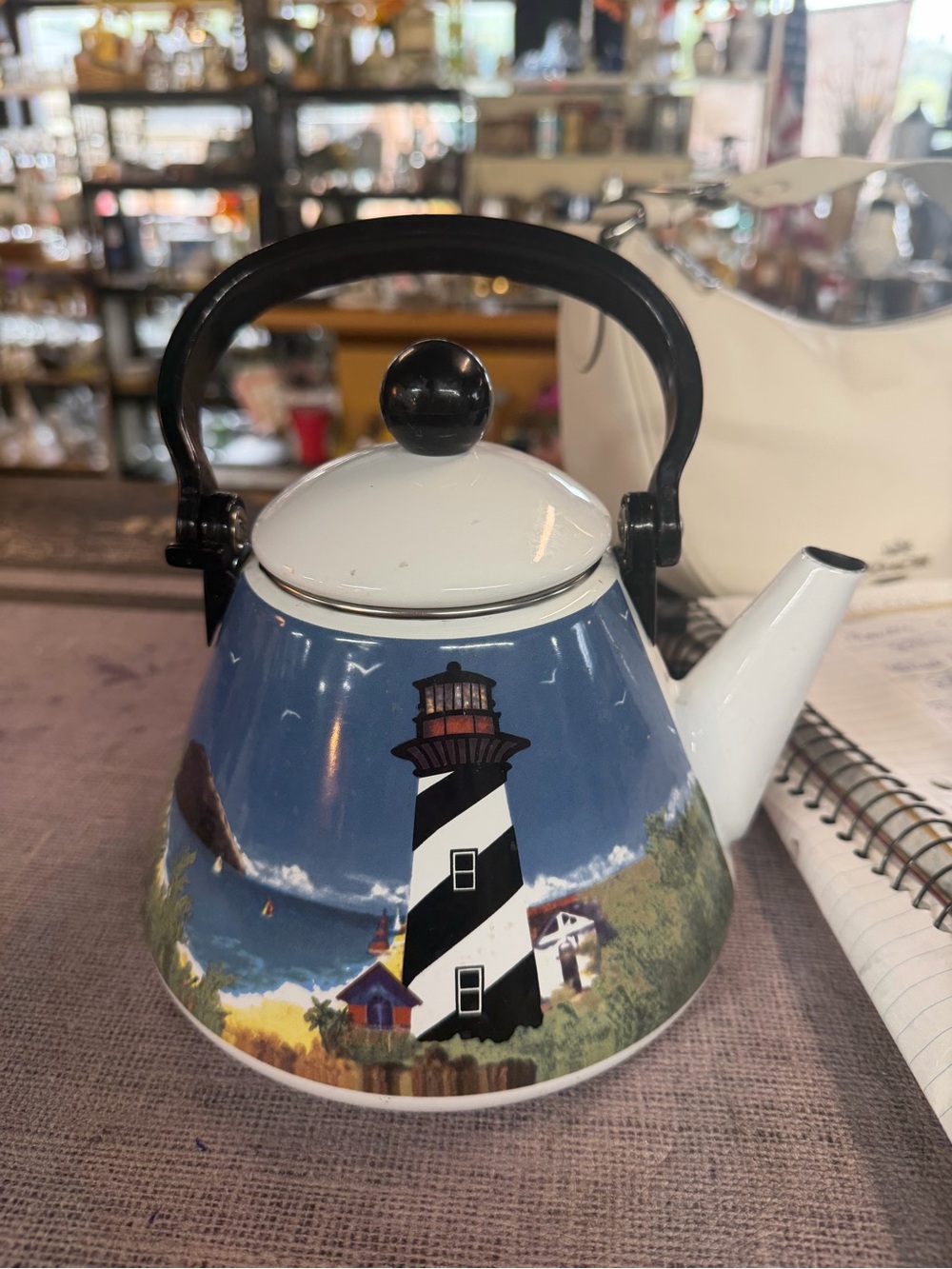 Vintage Blue Lighthouse Ceramic Teapot with Black Handle and White Lid